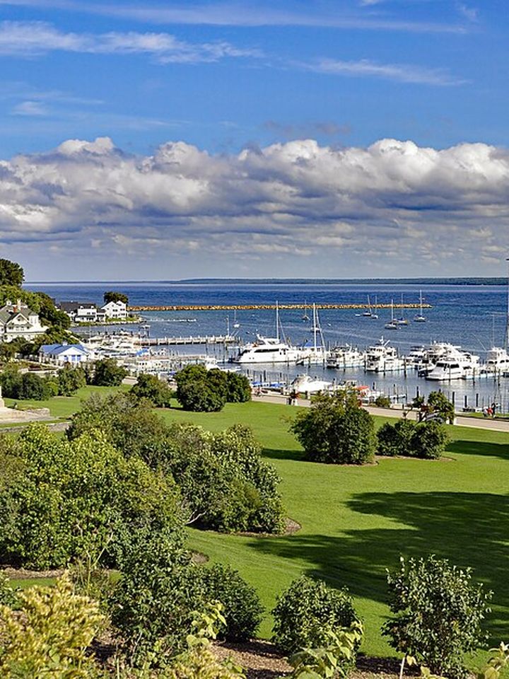 Mackinac Island harbor with sailboats