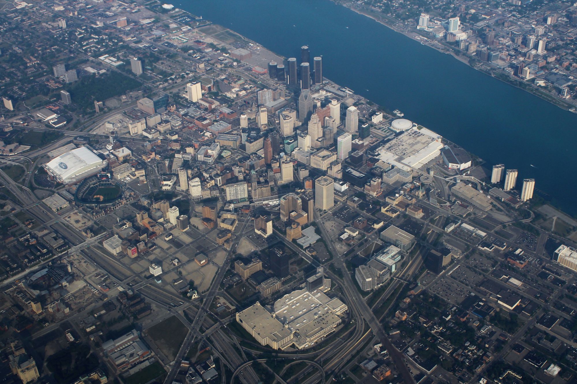 Downtown Detroit and the Detroit River seen from the air